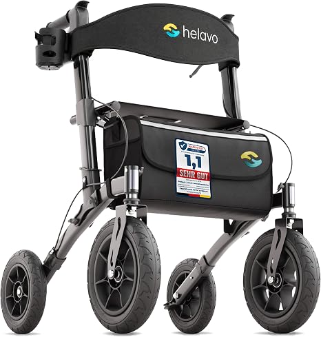Helavo Outdoor Walker with Pneumatic Tyres – Foldable Aluminium Outdoor Rollator with Seat – Maximum Mobility and Outdoor Comfort 12 Luftreifen für maximalen Komfort - Mit Sitz & Rückenlehne - Nur 95 kg leicht - Perfekt für Waldwege Gras & Strand