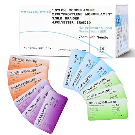 24 Mixed 2/0, 3/0, 4/0 Sutures Thread with Needle, Practice Suture Kit
