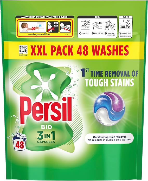 Persil Bio 3 in 1 Washing Capsules 1st time removal of tough stains outstanding stain removal in quick & cold washes 48 washes