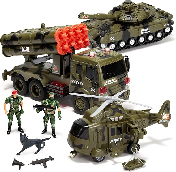 JOYIN 3 in 1 Friction Powered Siren Military Vehicle Toy with Action Figures Including Military Truck Helicopter and Tank Toy Military Vehicles with Light and Sound Siren