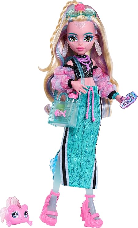 Includes 7 accessories such as Monster High Doll, Crop Top Raguna Blue