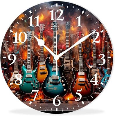Modern Wall Clocks, Quality Quartz Silent Non-Ticking Round Clock Decor Wall Clocks for Living Room,Office,Kitchen-Electric Fire Guitar10inch