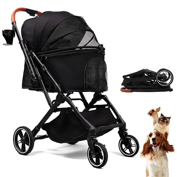 Bicystar Foldable Dog Stroller for Small Medium Dogs & Cats, 45 lbs, Black