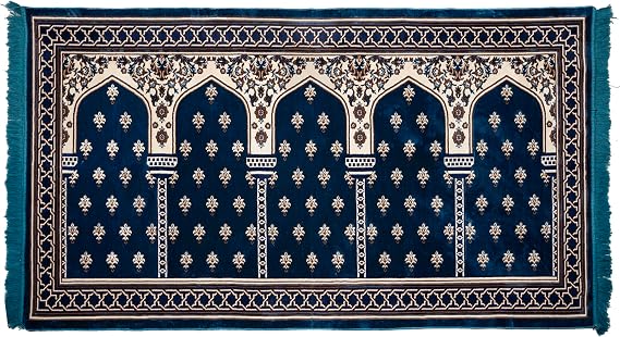 Modefa Muslim Prayer Rug - Multi Person Mihrab (5 Person Blue) | Turkish Islamic Prayer Mat for Family, Group Praying Carpet for 5 people, Large Janamaz Sajadah, Velvet
