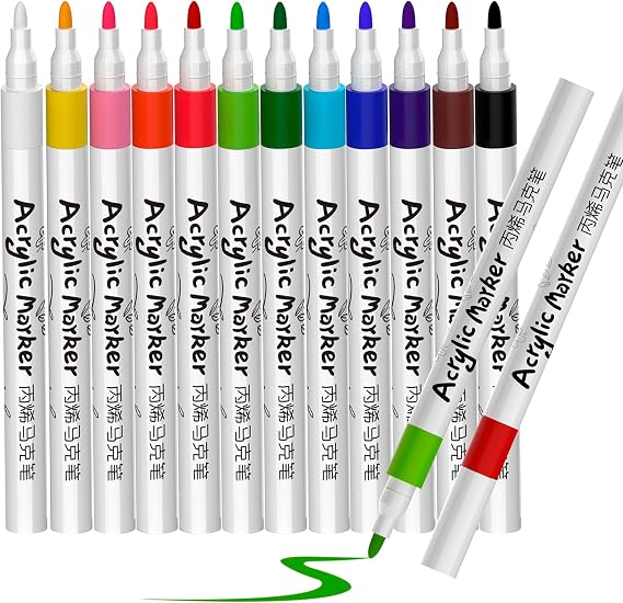 12 Acrylic Paint Markers for Rock, Fabric, Wood, Glass, Craft, Decoration Stocking Stuffers, Gift Idea for Friends Family- Art Supplies