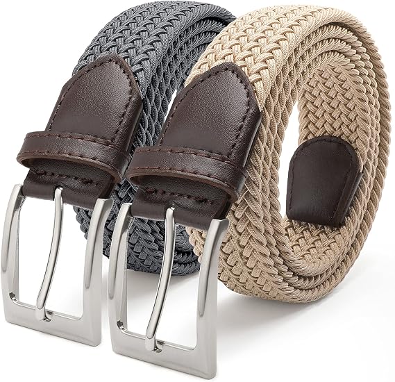 FAIRWIN Men's Stretch Belt - 2 Pack Braided Design for Golf, Work & Casual Wear, Comfortable Elastic Waist Belt for Men