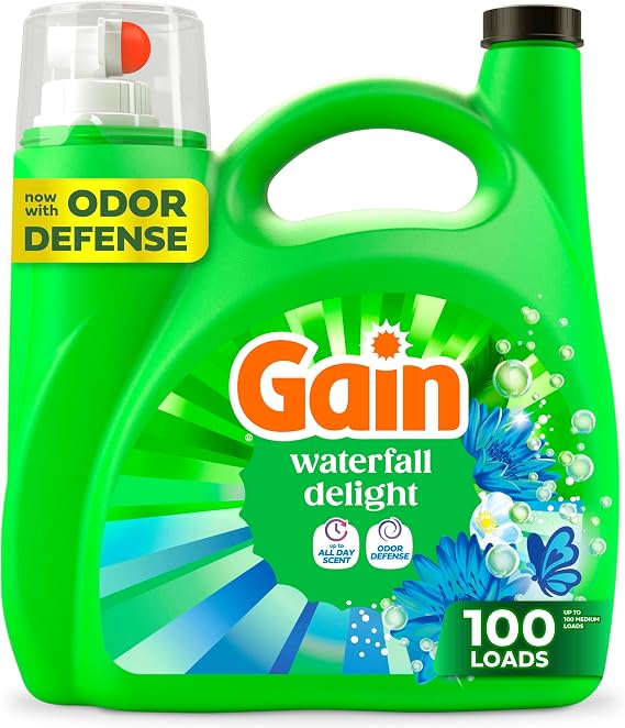 Gain Liquid Laundry Detergent with Odor Defense, Waterfall Delight Scent, Laundry Soap For HE Washing Machines, 132 fl oz, 100 Loads (Packaging May Vary)
