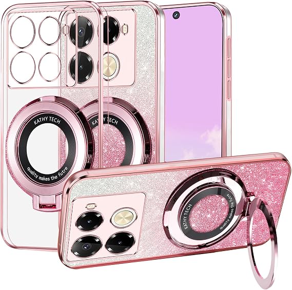 Phone Case for Infinix Note 40 Pro 4G Clear Glitter Magnetic with Ring Stand Compatible with MagSafe Silicone Cover Slim Cute for Infinix Note 40 Pro 4G Case Bling Aesthetic Luxury (Pink)