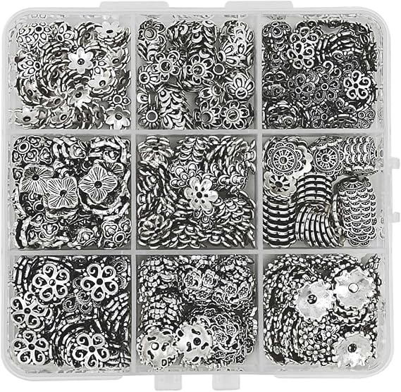 450Pcs Tibetan Silver Bead Caps for Jewelry Making, Antique Alloy Bead Caps Filigree Flower Beads, 9 Styles with Floral Cup Design, Ideal for Bracelets, Earring Making, and Craft Supplies