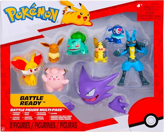 Pokemon Battle Figure Multi-Pack Featuring Lucario, Eevee, Bulbasaur, Haunter, Fennekin, Clefairy, Morpeko, and Popplio