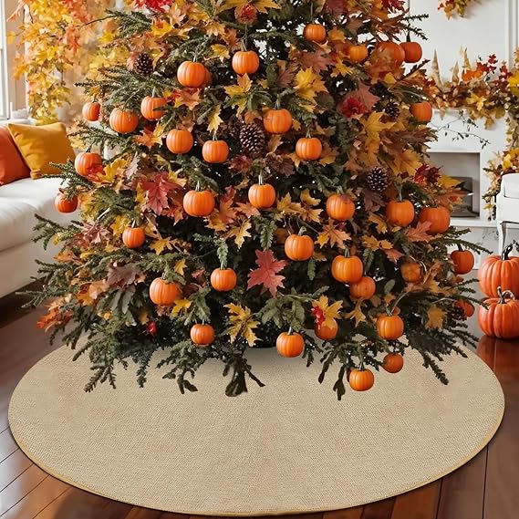 Burlap Fall Christmas Tree Skirt, 48'' Large Jute Linen Tree Decorations