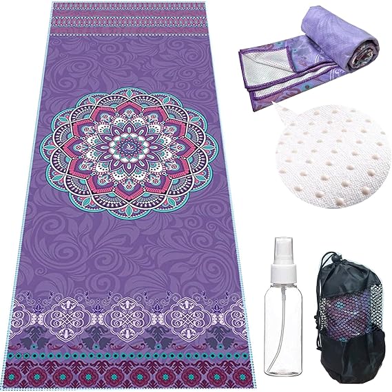 Yoga Towel with Corner Pockets Non Slip Hot Yoga Towel 24" x72" for Hot Yoga, Pilates Fitness,Sweat,Bikram,Workout,Non Slip Sweat Absorbent Hot Yoga Towels (Purple with Non-Slip Grip Dot)