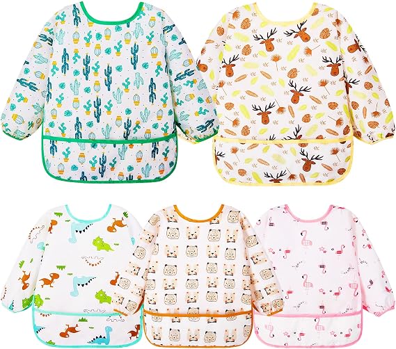 Lictin Long Sleeve Bibs 5 Pack - Baby Bibs for Girl or Boy, Reusable Infant for Feeding Teething or Weaning