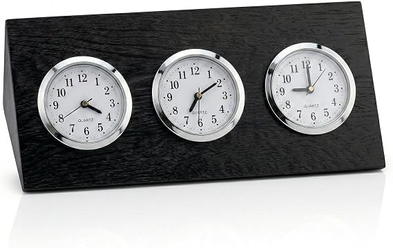 Bey-Berk Triple Time Zone Clock in Black Wood, 9.25" L x 3.5" W x 2.75" H