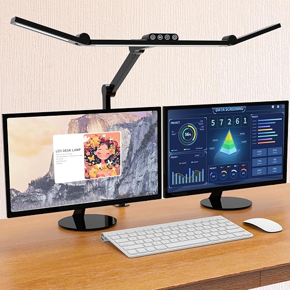 Micomlan Led Desk Lamp with Clamp, Architect Desk Lamp for Home Office with Atmosphere Lighting, 24W Ultra Bright Auto Dimming Computer Light Stepless Dimming and Tempering LED Table Light