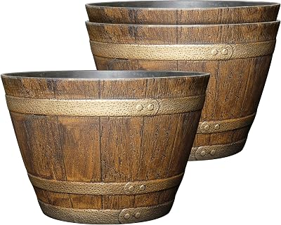 Classic Home and Garden Outdoor Whiskey Resin Flower Pot Barrel Planter, Oak Brown, 15 Pack of 3