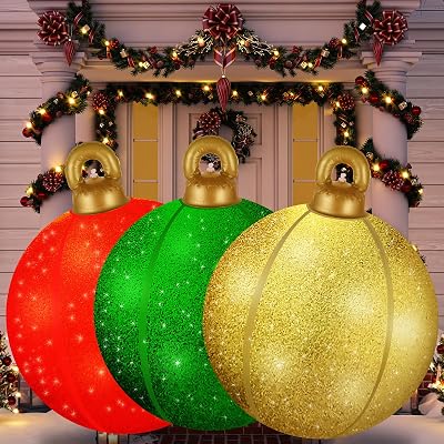 24 Inch Inflatable Christmas Ornament Balls, 3 Pack Large Glitter Blow Up Decorations Sparkling Reusable Outdoor & Indoor Holiday Balls for Yard, Lawn, Porch & Tree