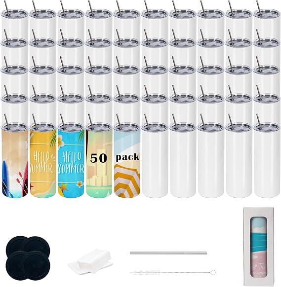 50pack 20oz Skinny Straight Sublimation tumblers Blank Stainless Steel Heat Press Cup with Lid,Individually Box,Silicone Base Polymer Coating for Heat Transfer (50pack))
