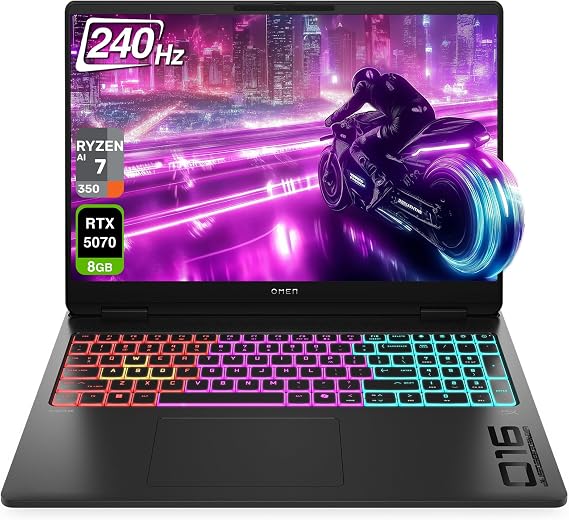 HP OMEN 16 MAX Gaming Laptop, AMD Ryzen AI 7 H 350, 16 GB DDR5 RAM, 1 TB PCIe SSD, 16" WQXGA (2560x1600) 240Hz Display, Nvidia G-Force RTX 5070, 4-Zone RGB Backlit Keyboard, W11 Home, Shadow Black