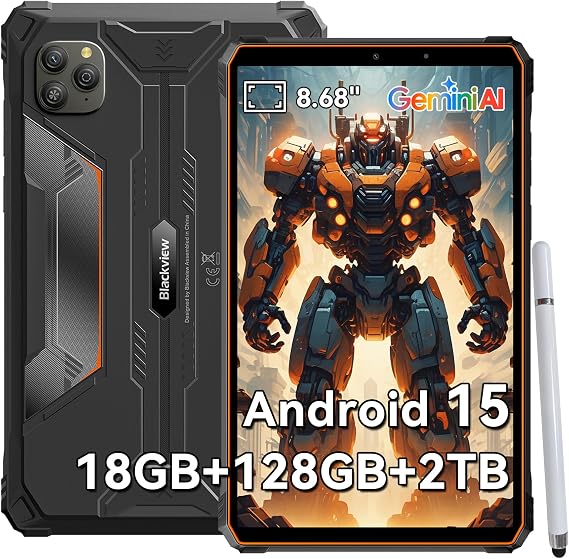 Blackview AI Rugged Tablet, 9 inch Android 15, 18GB+128GB TF 1TB, 180Hz, IP68/IP69K Waterproof, MIL-STD-810H Shockproof, Dual 4G LTE SIM, 16MP+13MP, 18W/OTG/5G WiFi/GPS/NFC/TÜV/Face ID/Glove Mode