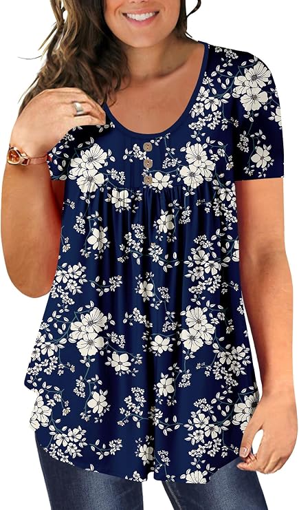 BeadChica Women's Plus Size Tunic Tops Casual Flowy Tshirts Ruched Botton Up Short Sleeve Blouses-Printing-XL