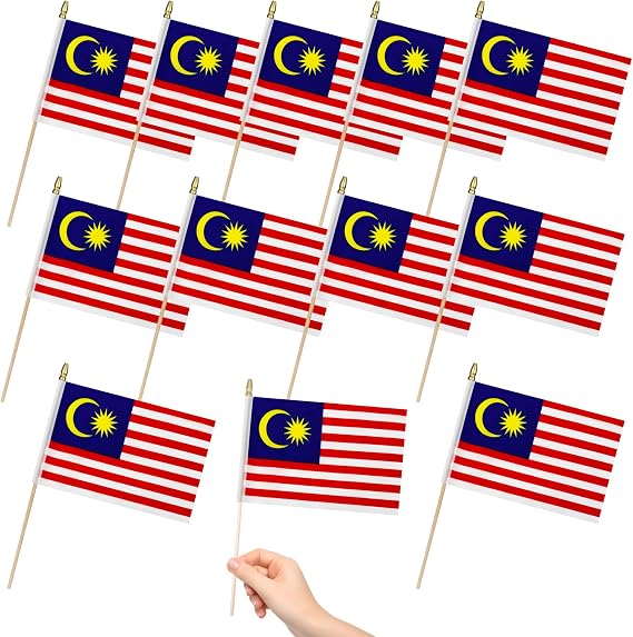12 Pack Malaysia Miniature Small Wooden Stick Flags Malaysian Mini Handheld Flag Patio Lawn & Garden Outdoor Decorations,8x5 Inch