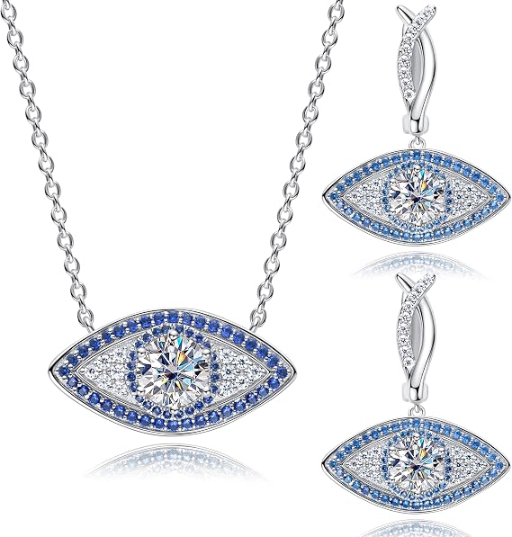 CannyCat Moissanite Evil Eye Pendant Necklace and Dangle Hoop Earrings 2.43 CTTW D color VVS Moissanite Lab-Created Sapphire Platinum-Plated Sterling Silver Necklace Earring Jewelry Sets for Women