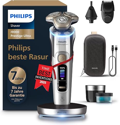 Philips Razor i9000 Prestige Ultra for Men Wet and Dry Shave Chrome Pressure and Motion Sensor 5+1 Beard Styler Nose Hair Trimmer Cleaning Station Charging Station and Travel Case (XP9404/38)