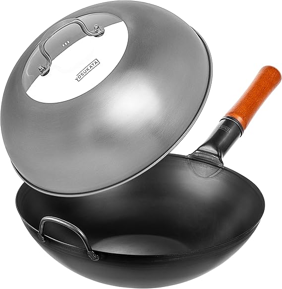 YOSUKATA Carbon Steel Wok Pan 13,5 Woks and Stir Fry Pans + Wok Lid 12.8 Inch - Premium Stainless Wok Cover with Tempered Glass Insert Steam Holes and Ergonomic Handle