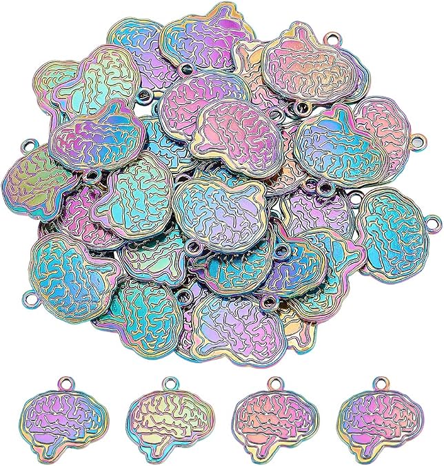 DICOSMETIC 40Pcs Brain Charm 3D Brain Shape Pendant Anatomical Human Anatomy Pendant Rainbow Color Alloy Charm Dangle Charms Supplies for Halloween Biology Medical Student Gift DIY Jewelry Making