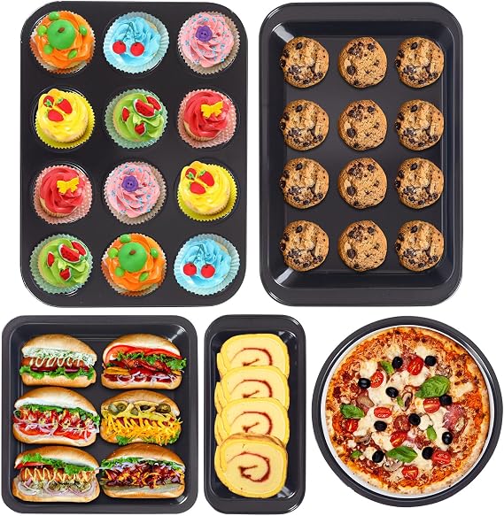 ShellKingdom 5PCS Baking Pans Set, Bakeware Set, Nonstick Cake Pan, Baking Sheets for Muffin, Loaf, Roast, Kitchen Oven Cookware Sets Baking Supplies (Black)