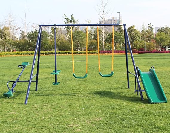 IUNNDS Swing Set for Backyard, Heavy Duty A-Frame Metal Multifunction Playground Set with Slide, Climbing Ladder and Net, Basketball Hoop (5 in 1 with Slide)