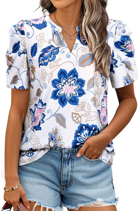 Women's Hawaiian Shirt Puff Sleeve Luau Tropical Outfits Vacation Tshirt
