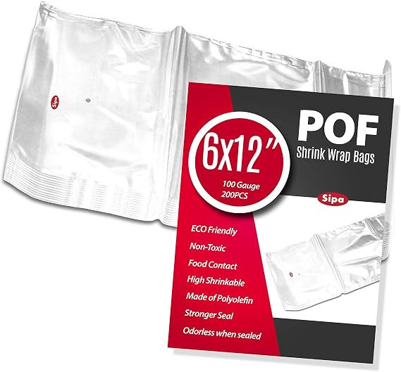 SIPA 6x12 inch 200PCS 100 Gauge POF NON-VENTING HOLE Shrink Wrap Bags Odorless perfect for wrapping stationery, photo frames, soap supplies, bath bombs, oil bottles,homemade DIY craft for sale.