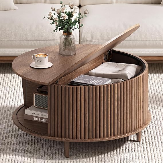 Round Coffee Table with Storage for Living Room,31.5",Walnut