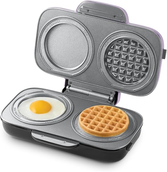 Dash MultiMaker Double Mini Maker System - Dual Ceramic Nonstick Cooking Surfaces - Built-In Cord Wrap - Makes 4-Inch Waffles - Lavender, 4 Plates