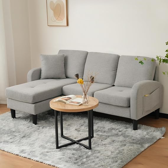 Miyemo L-shaped Corner Sofa with Chaise Lounge, 3-Seater Sofa, Breathable Cotton-Linen Fabric, Plastic Legs, Ideal for Living Rooms, Apartments, and Offices (Grey)