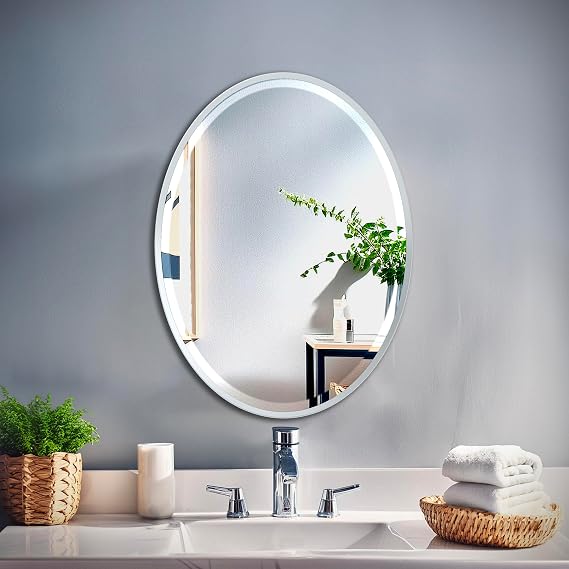 Gatco 1820 Bathroom Wall Mirror, 28"H x 21"W Modern Mirror for Living Room, Vanity, Slim Design Beveled Framed Oval Chrome Mirror - Easy Mount Safety Bracket