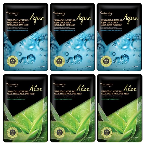 Charcoal Mineral Mask Pack for Men, Korean Skincare Face Wrinkle Treatmen Mask Sheets, Men's Skin Care Sets, Travel Essentials & Gift Sets for Men (Collagen & Aloe, Pack of 6pcs)