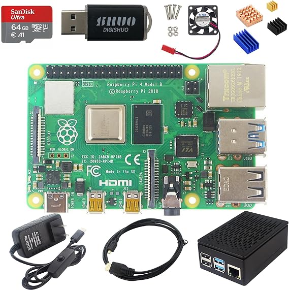 Raspberry Pi 4B Model B 8GB RAM Kit, 64GB SD Card, Cooling Fan, Heatsink, Case, 2x Micro-HDMI, 2.4/5GHz WiFi, Bluetooth 5.0, USB 3.0