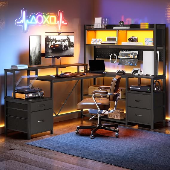 RALGEND L Shaped Gaming Desk with Storage Drawers & Shelves, Power Outlets