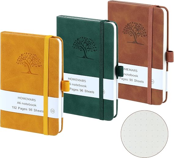 HOMEMARS Pocket Notebook, 3 Pack, Bullet Dotted Journal, Pocket Notepad,14.4 cm x 9.6cm, A6 Notebook, Small Notepad, Brown, Green, Yellow, 192 Pages Each, Hardcover, Embossing Tree Design, Dotted