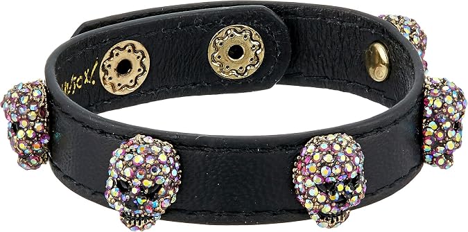 Betsey Johnson Halloween Black Leather with Multi-Color Stone Skulls Wrap Bracelet