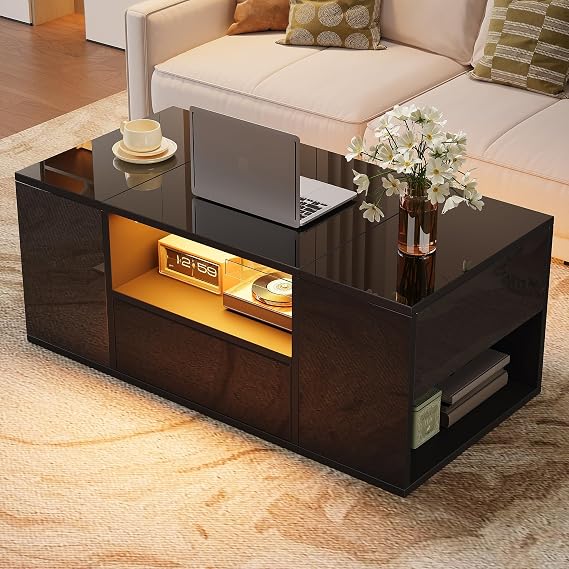 Coffee Table with LED High Gloss Coffee Table with Two Cabinets Modern Coffee Table with 6 Storage Compartments Sofa Table Living Room Table 1 Drawer for Living Room 100 x 50 x 40 cm