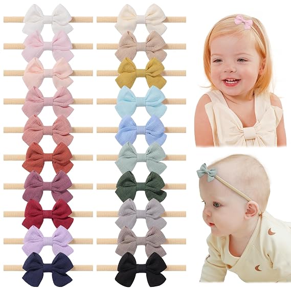 jollybows 20pcs Baby Girl Bow Headbands Newborn Nylon Hairband 2" Neutral Linen Infant Hair Bows