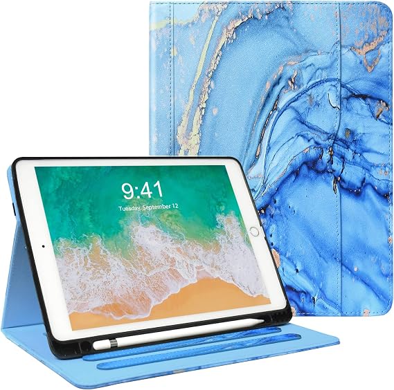 Zonefoker for iPad 6th 5th Generation Cases 2018/2017, iPad Air 2 Case 2014, iPad Air 2013, iPad Pro 9.7 inch Case 2016 with Pencil Holder, Leather Folio Cover for Kids, Women, Men, Marble Blue | 2018/2017