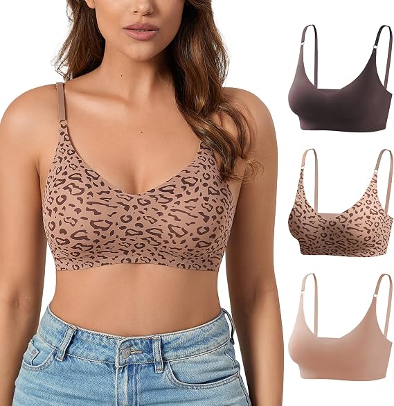 DEANGELMON V Neck Bra Padded Seamless Adjustable Straps Bralettes Everyday Basic Sleeping Bras Multiple Pack