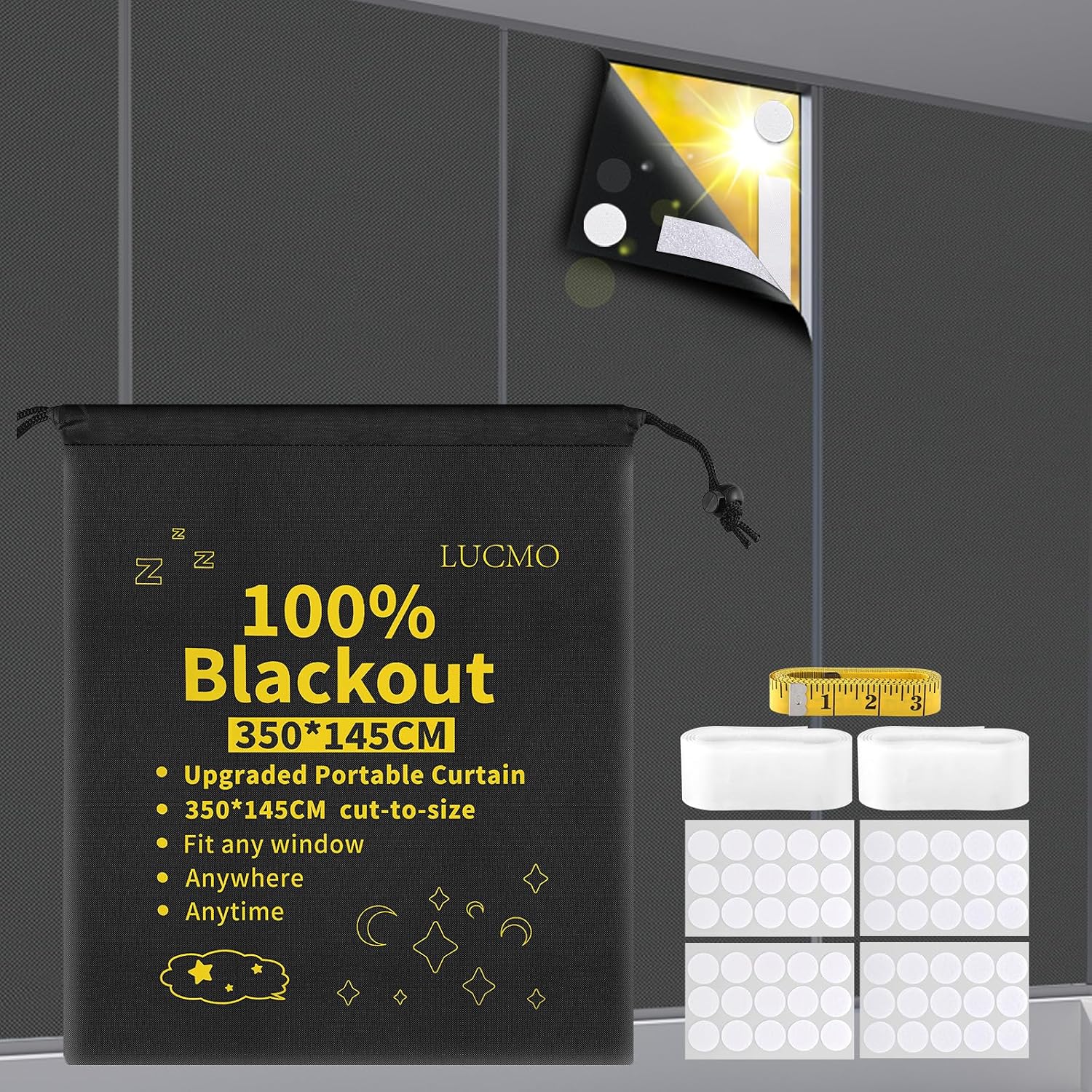 LUCMO Blackout Blinds 138 x 57, 100% Blackout Blind Curtain for Window, No Drill Portable Blackout Shades Film for Bedroom, Cut to Any Size, Nursery Black Out Blinds for Baby, Dark Grey