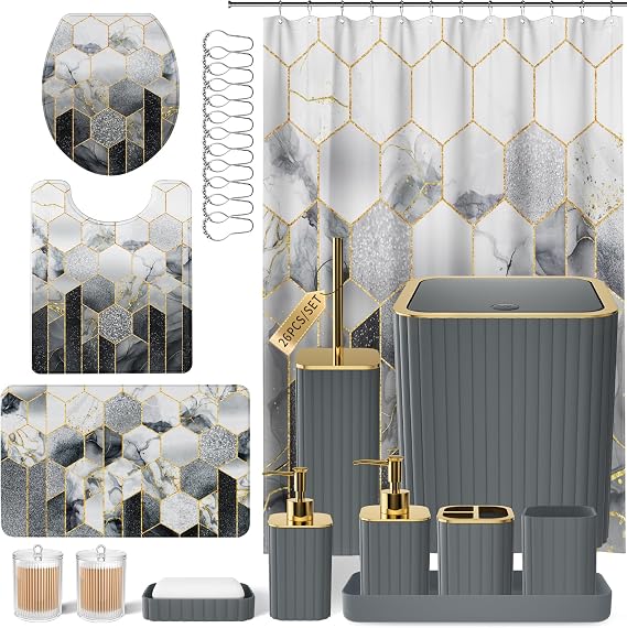 XLHOMO Bathroom Set - 26PC Grey Bathroom Set with Shower Curtain and Rugs