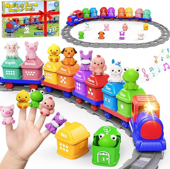 Electric Train Track Set for Toddlers 1-3 with Farm Animals, Music & Lights